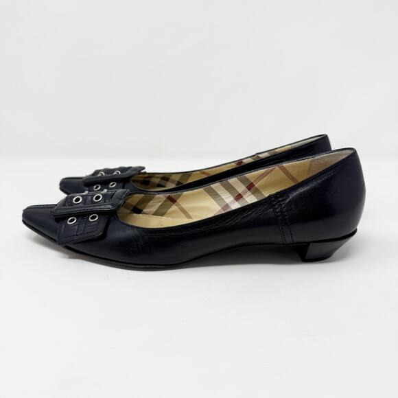 Burberry Black Leather Pointy Toe Kitten Heels EU 36 Buckle Detail Made in Italy - Picture 4 of 10